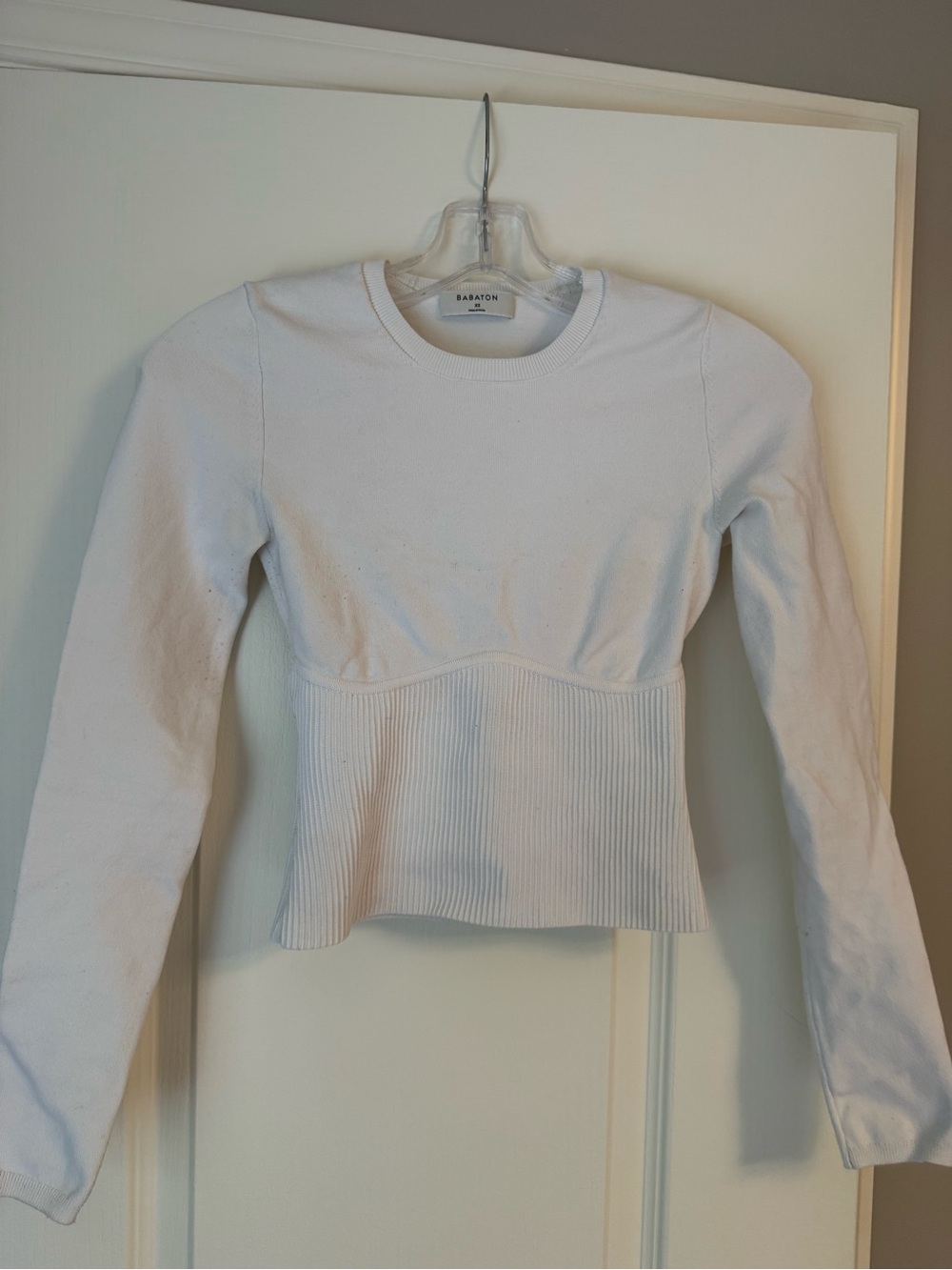 Babaton White Ribbed Hem Long-Sleeve Top